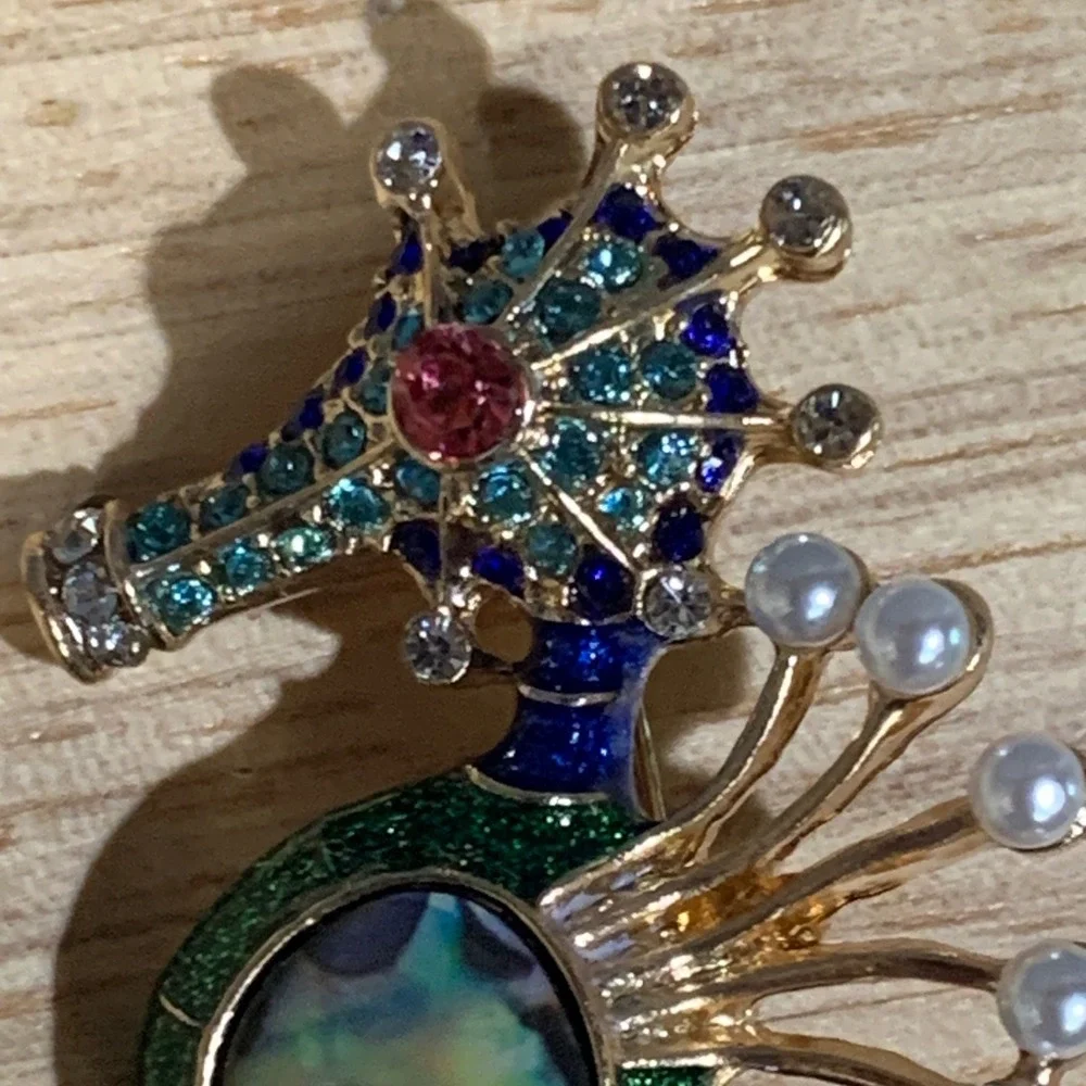 Maximalist Seahorse Brooch Women Blue Green Enamel Abalone Faux Pearl Nautical